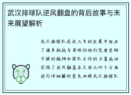 武汉排球队逆风翻盘的背后故事与未来展望解析