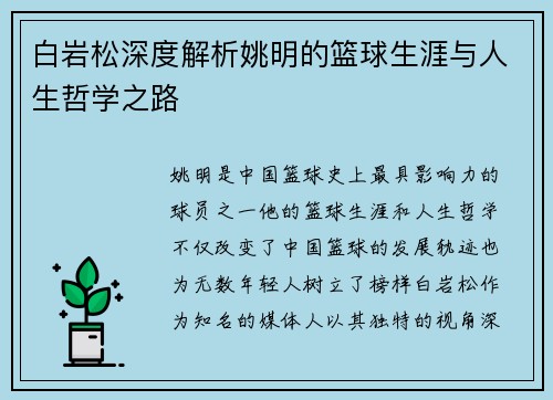 白岩松深度解析姚明的篮球生涯与人生哲学之路
